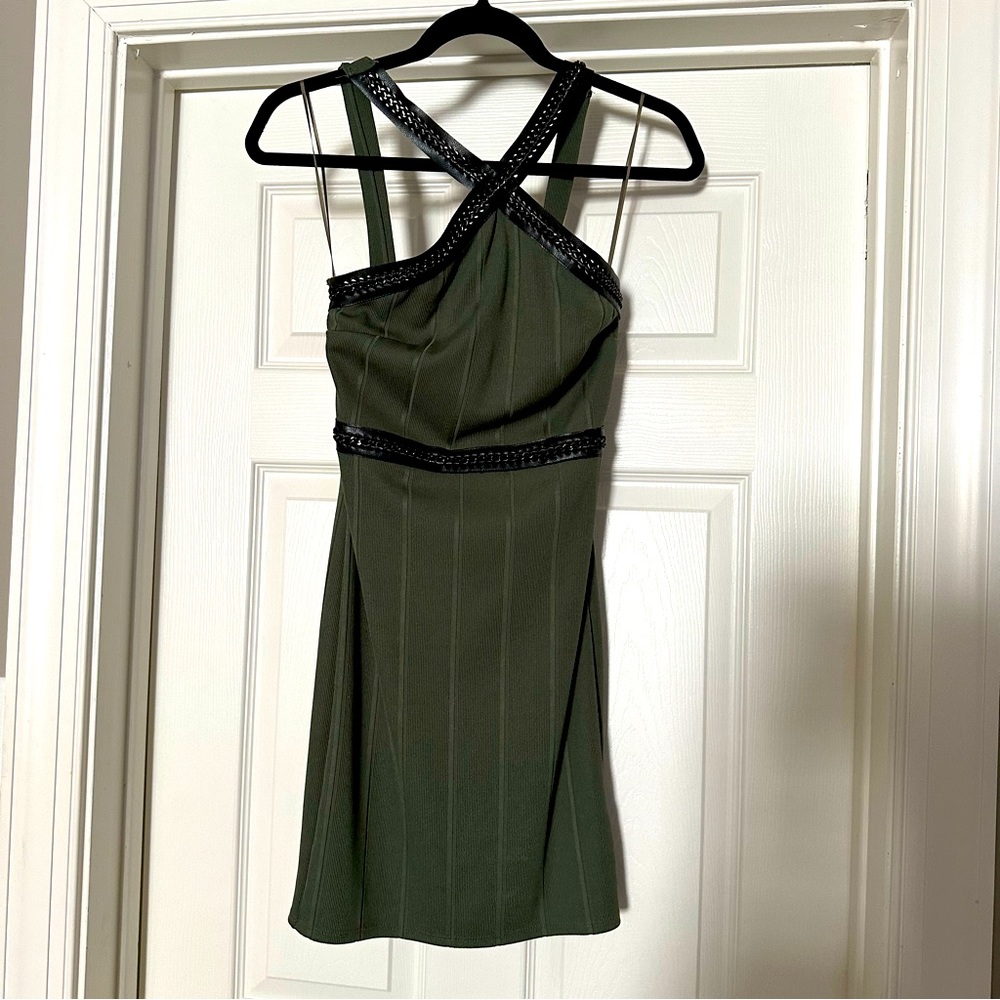 Topshop high neck bodycon leather chain detail olive green mini dress